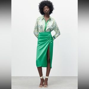 ZARA FLOWY PRINTED SATIN EFFECT BUTTON DOWN SHIRT GREEN BLUE MULTICOLORED